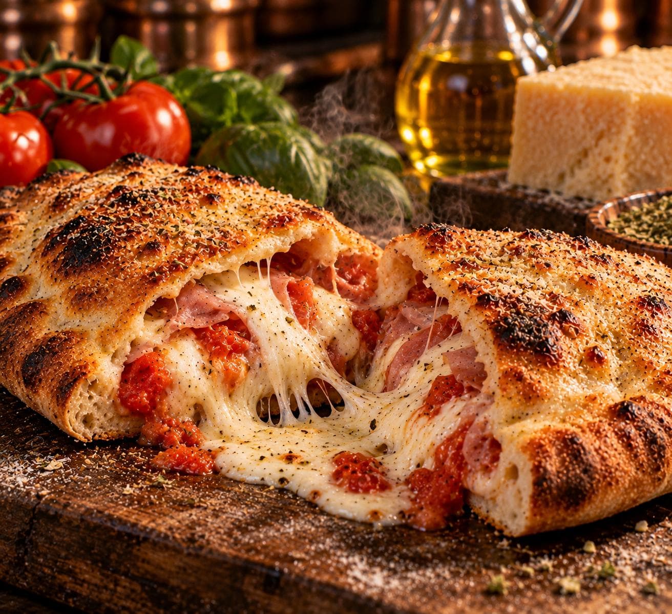 A calzone cut open, mozzarella stretching from the fold, with cherry tomatoes, basil and Parmigiano behind it