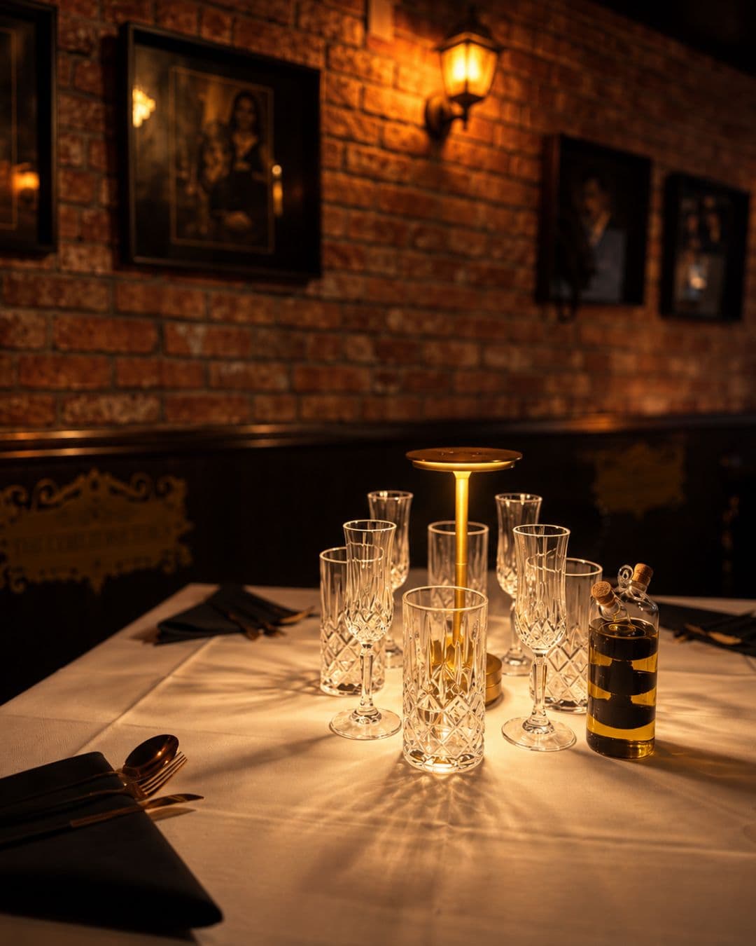 A table at The Goodfellas: cut-crystal glasses, a brass lamp and black linen on a white tablecloth