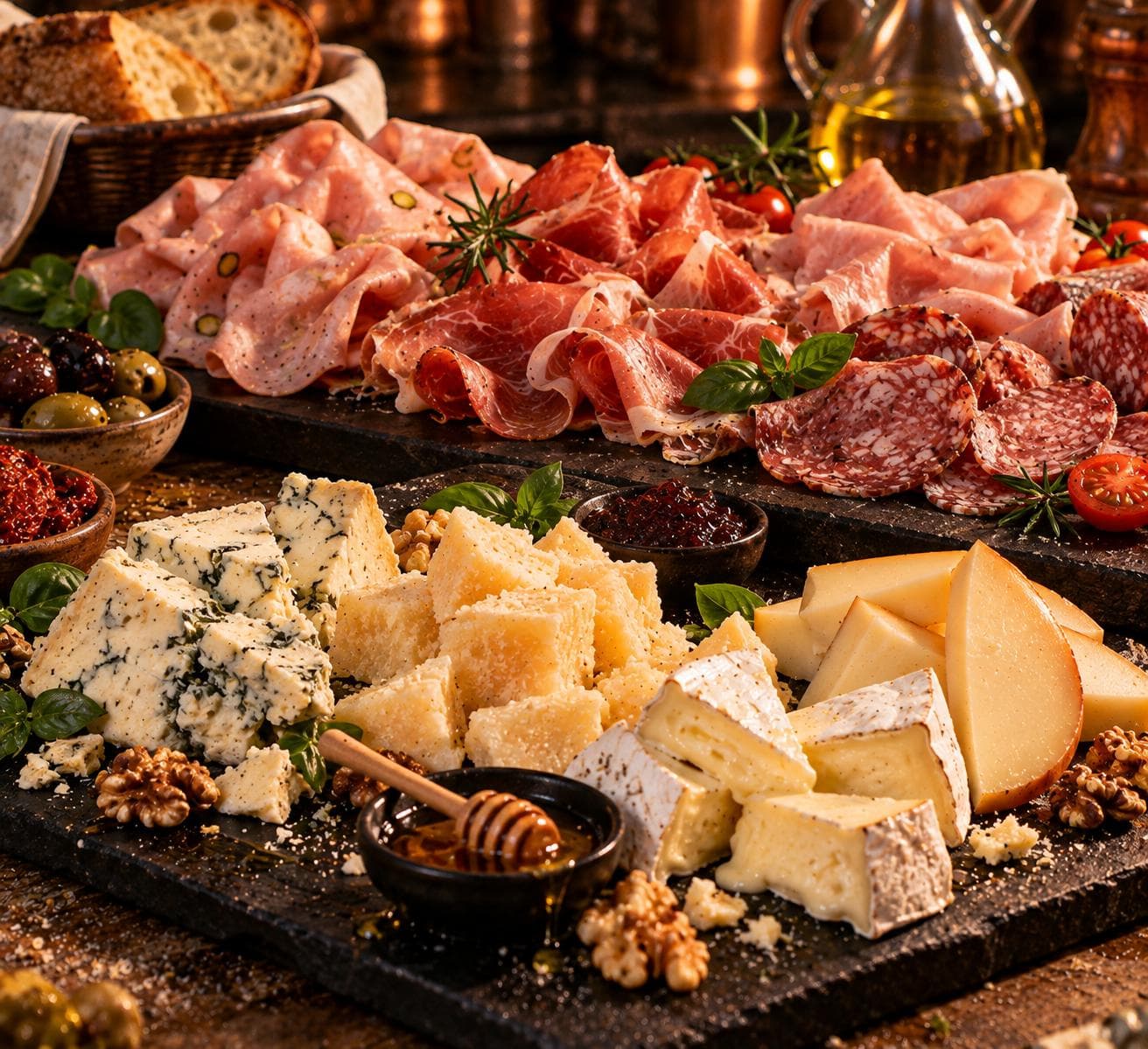 A board of salumi — mortadella, prosciutto, salame — above gorgonzola, Parmigiano, brie and smoked cheese