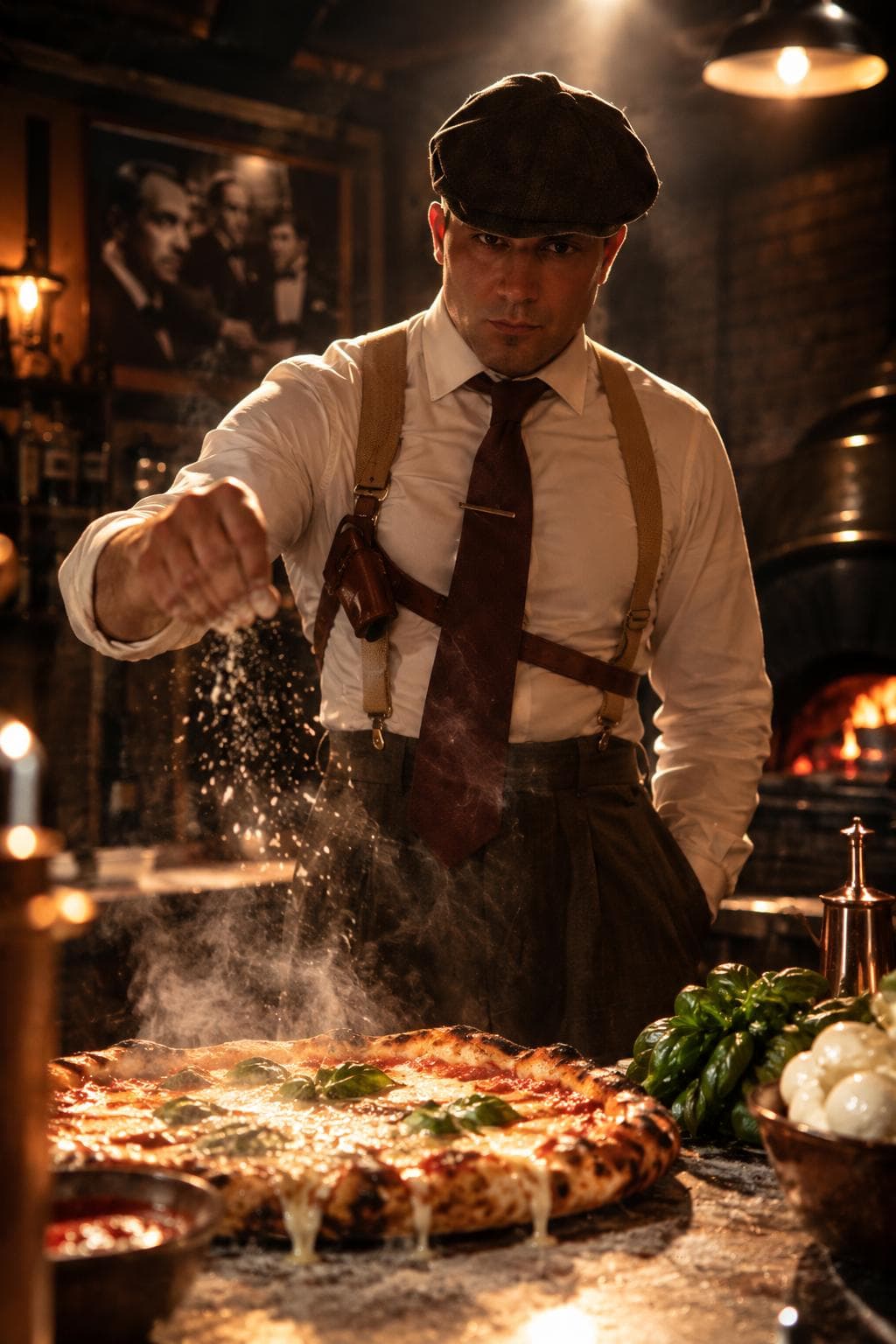 A pizzaiolo in suspenders and a shoulder holster dusting a pizza at the oven, steam rising from the crust