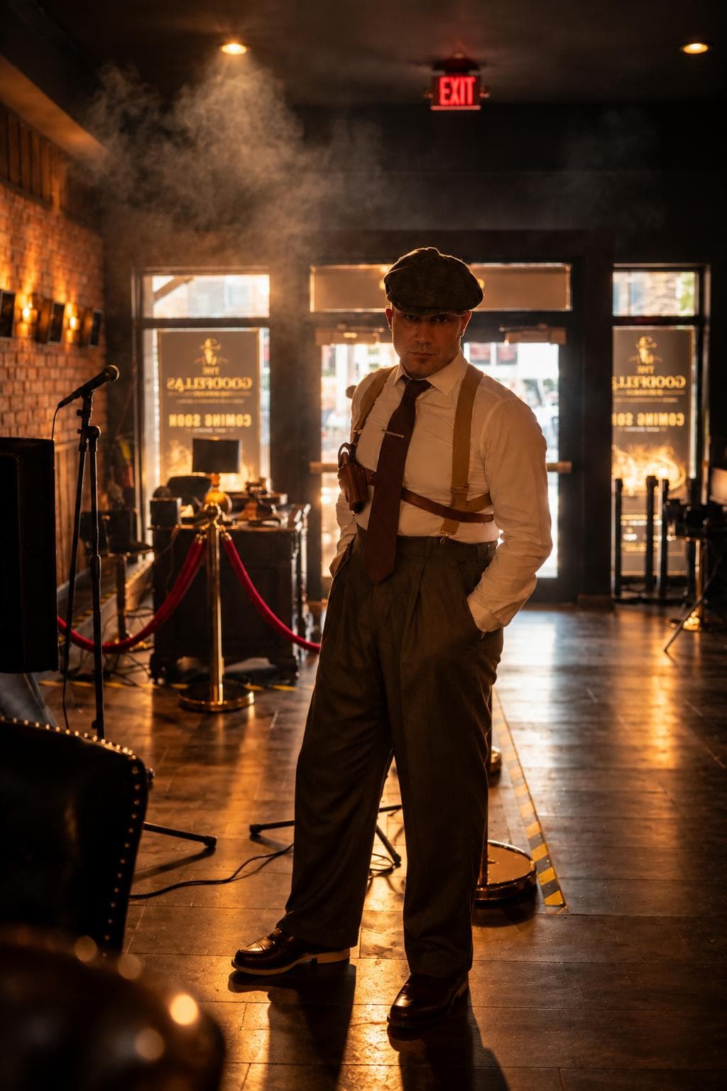 A man in a flat cap, tie and shoulder holster at the entrance, the doors behind him glowing with evening light, a red velvet rope by the front desk