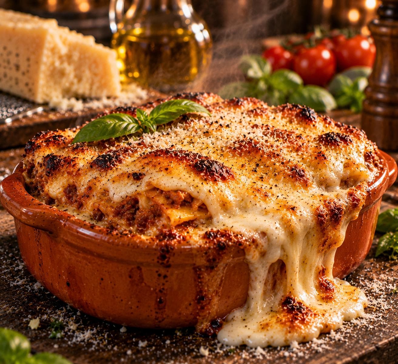 Baked lasagna in a terracotta dish, the béchamel browned and spilling over the side