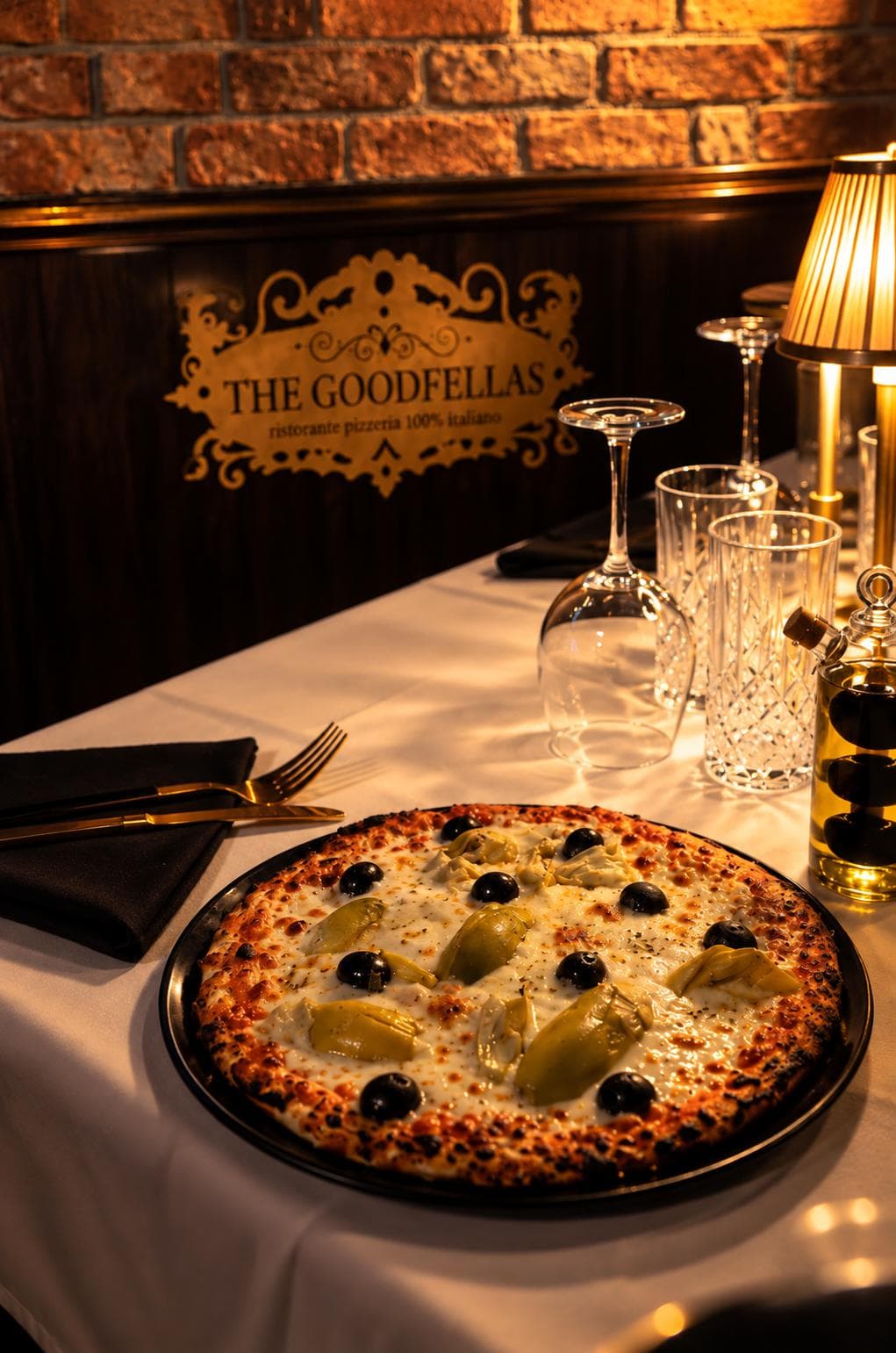 A pizza with artichokes and black olives on a laid table, the gold plaque behind reading The Goodfellas, ristorante pizzeria 100% italiano