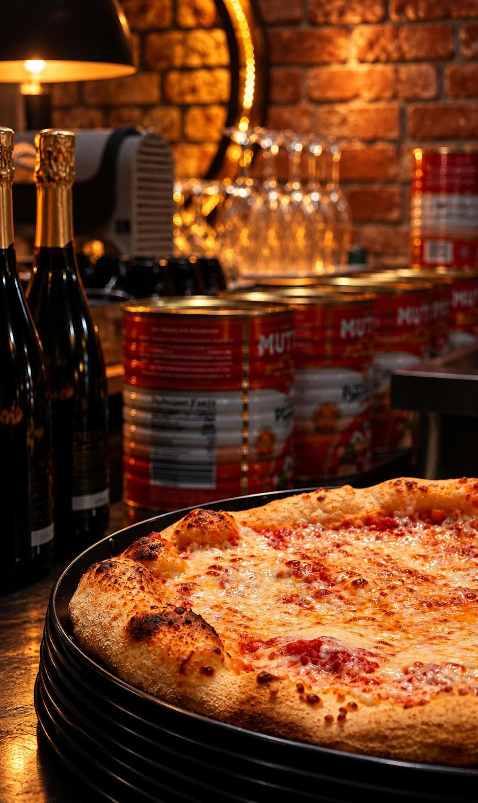 A pizza fresh from the oven in front of a row of Italian tomato cans and two bottles of sparkling wine
